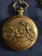 Motorcycle Pocket Watch Necklace Quartz Bronze Tone Pendant Chain