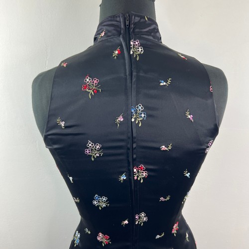 VINTAGE Jessica McClintock Black Dress Floral Asian Oriental Stand Collar Slit - Picture 7 of 8