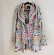 JOHNNY WAS BIYA Women's Embroidered Hooded Duster Cardigan Butterfly Beige Sz XS