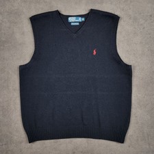 Polo Ralph Lauren Sweater Vest Mens XL Navy Blue Lambs Wool V-Neck Red Pony Logo