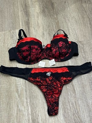 Ann Summers Rubinrot & Schwarz Spitze BH Tanga Set Gr. 38B 18-20 - Retro Vintage