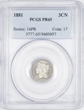 1881 PCGS PR65 Three Cent Nickel Piece - Gem Proof!