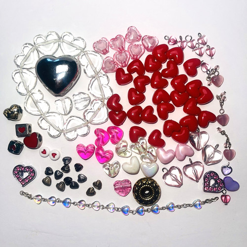 Heart Bead Lot Acrylic Red Pink White Clear Craft Jewelry Love Bundle 97 Piece