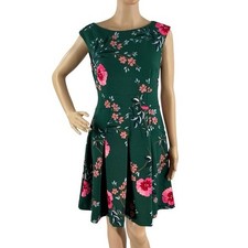 Vince Camuto Floral Fit & Flare Dress Green Pink Garden Party Size 6