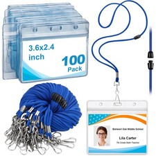 Breakaway Lanyards for ID Badges 100 Pack with Horizontal Name Card Holder  ...