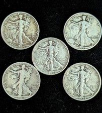 Lot Of 5 - Walking Liberty Half Dollar 90 Silver Vintage Coins. Date/Mint Vary
