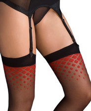 GABRIELLA FRAN Bas Porte-Jarretelles 20D Sexy Motif Géométrique Noir Rouge T1/2