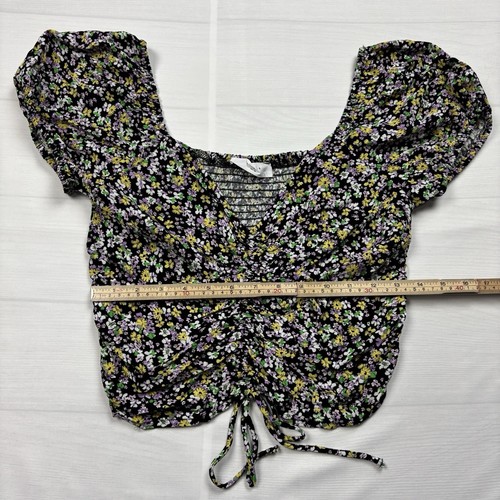 Elodie Cinched Front Blouse Size Medium Black Floral Short Sleeve Nordstrom - Picture 3 of 8