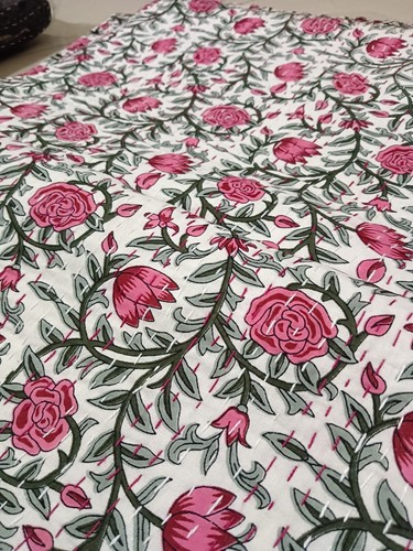 Indian Queen Size Cotton Kantha Quilt Throw Blanket Pink Floral Print Bedspread - Picture 5 of 11