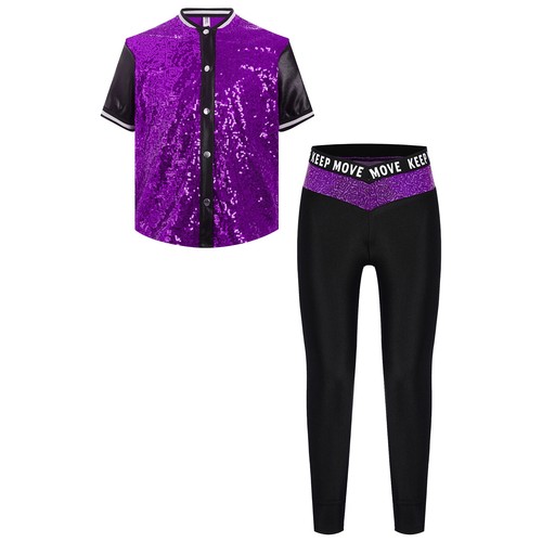 Kids Girls Jazz Hip Hop Dance Outfits Shiny Sequins Shirts with Pants Dancewear - Picture 53 of 87