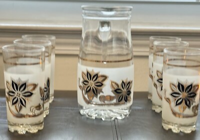 Vintage Italian DeValBor GoldBlackFrosted Glass -Floral Highball Set/6 W Pitcher