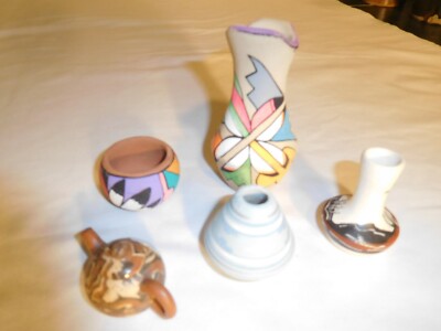 5 Vintage mini miniature SW South West Native American Pottery ~ 4 Signed/Name