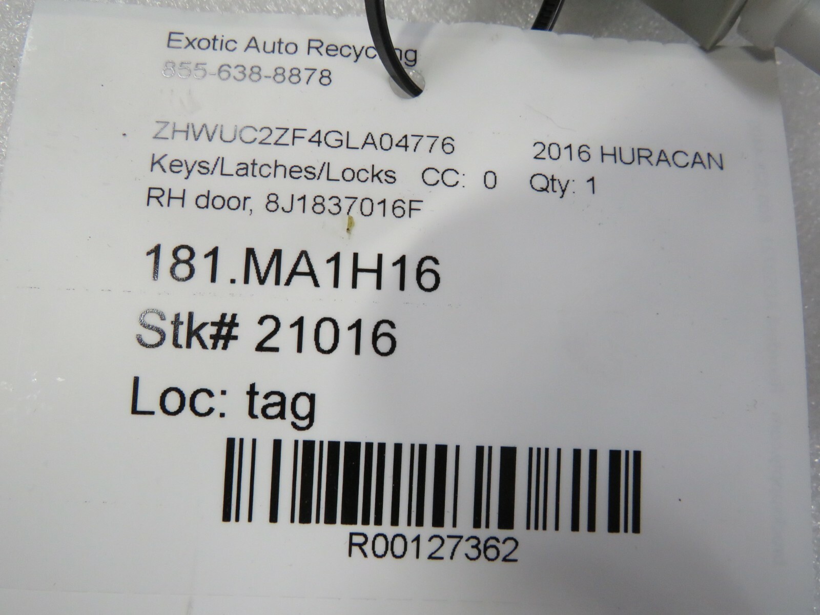 Lamborghini Huracan, LP580, LP610, RH, Right, Door Latch, Used, P/N 8J1837016F