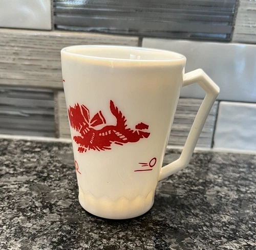 Hazel Atlas Childrens Milk Glass Child’s Cup Mug Scottie Dog  Red Vtg