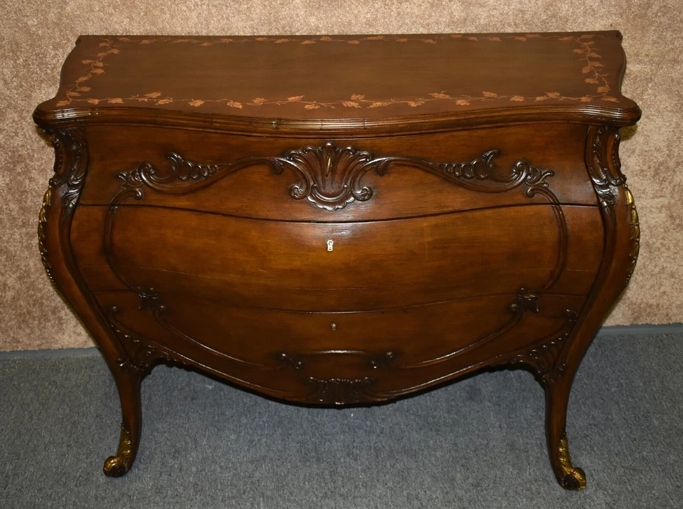 Antique Three Drawer Carved Walnut Italian Bombe' Commode w/Floral Painted Top - Image 3 of 4