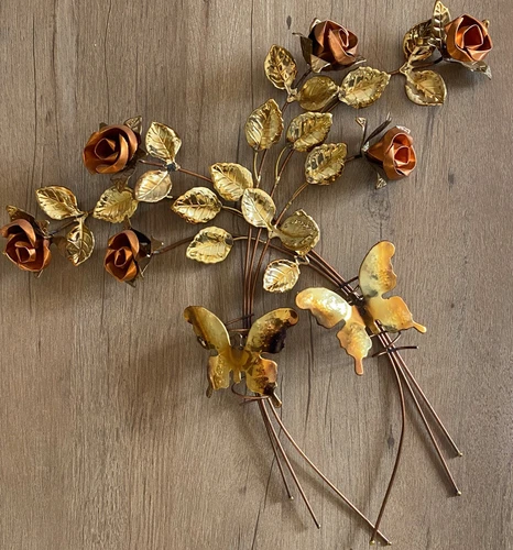 Vintage Brass & Copper Metal Wall Decor Roses Butterfly Mid Century Set Of 2