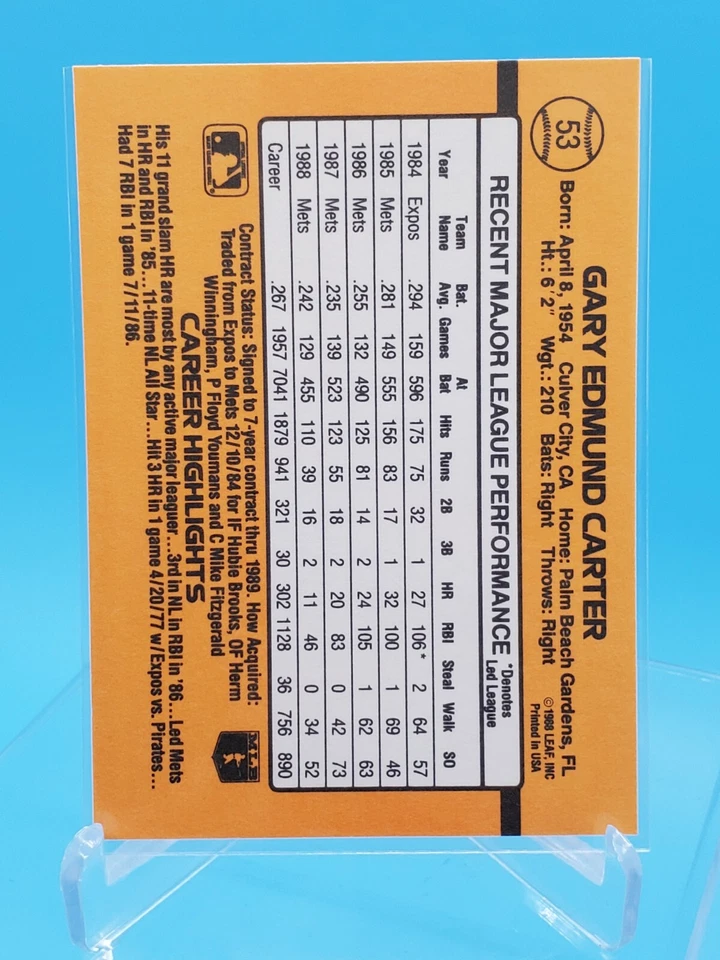 Rare Gary Carter Donruss 1989 Baseball Error Card No Dot After Inc #53 Mets - Image 2 of 3