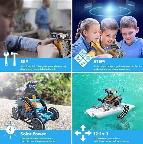 Stelo 12 in 1 Educazione Robot Solare Giocattoli 190 Pezzi Fai da Te Edilizia Scienza - Foto 7 di 9