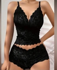 Women’s Fashion Lingerie Set Black Lace Floral Print Comfortable  Size L