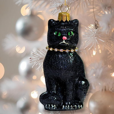 Black Glitter Cat Christmas Glass Ornament , Sparkling Handmade European Gothic