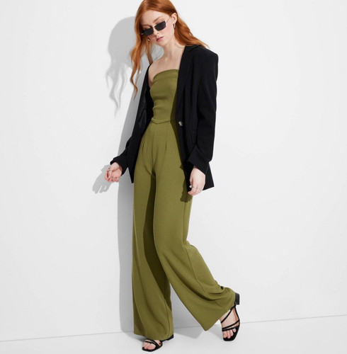 Wild Fable Women's Wide Leg Bandeau Jumpsuit Strapless Off Shoulder, Green, XS