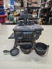 Vintage Black QUEEN Cast Iron Miniature Stove Includes Pots Pans Burners READ