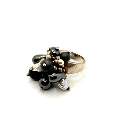 Vintage 90er JCM signierter 925 Sterling Silber Hämatit Perle Cluster Ring