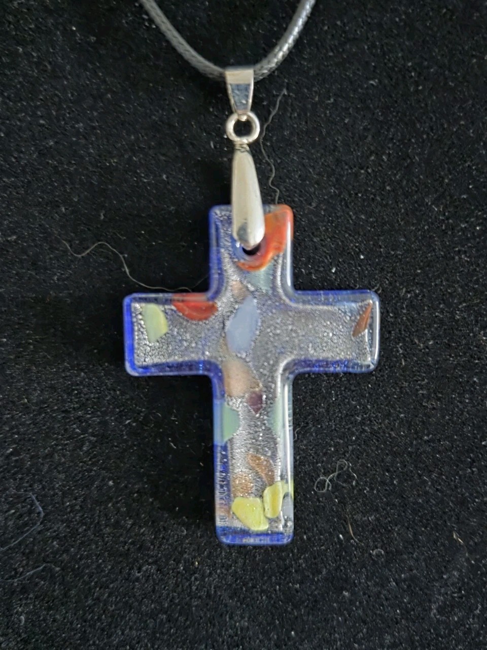 Large Vintage Blown Glass Art Pendant on Leather Necklace Blue Cross Crucifix