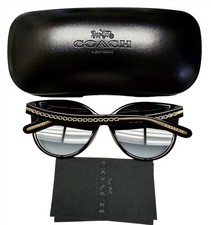 Coach Sunglasses HC 8321 Polished Black Gold Logo Arms Grey Gradient with Case