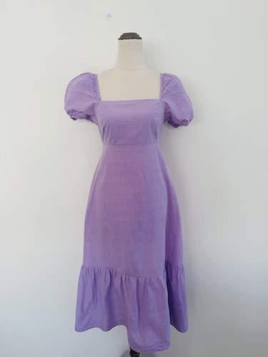 Princess Highway Cotton Midi Dress Size 8 Lilac Purple Puff Sleeve Tie Back - Picture 1 of 13