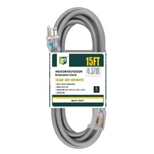 15 Ft Lighted Outdoor Extension Cord - 12/3 SJTW Heavy Duty Grey Extension Ca...