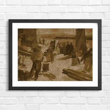 Impressionist Coastal Figures And Harbor Sepia Framed Wall Art Print Large