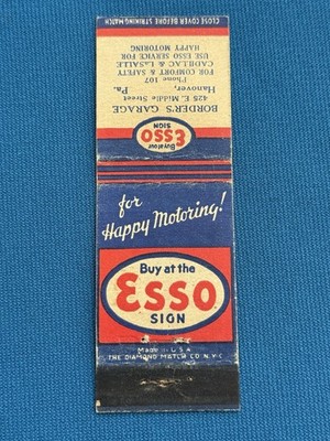 Esso Gas Station Border's Garage Hanover Pennsylvania VTG Matchbook Cover Lt#270