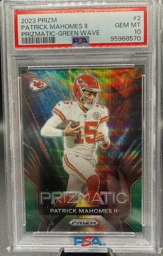 2023 PRIZMATIC PATRICK MAHOMES #2 GREEN WAVE PSA 10