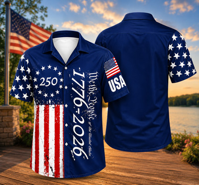 America 250th Anniversary Hawaiian Shirt Patriotic USA Flag Button Up