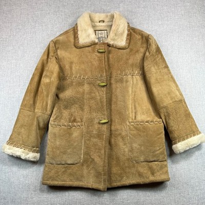 Vintage Boundary Waters Suede Leather Coat Women M Tan Shearling Boho Western