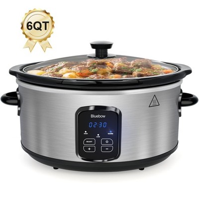 Bluebow Slow Cooker, 6 Quart, Stainless Steel, Removable Stoneware Pot, 3 Heat