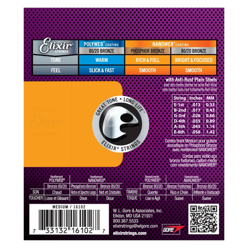 Elixir Acoustic Guitar Strings Nanoweb Phosphor Bronze 13-56 + 2 FREE Strap Lock - Foto 2 di 5
