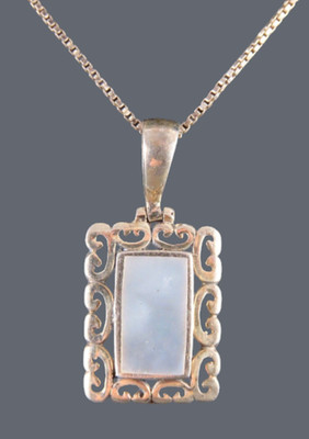 STERLING SILVER 18'' Chain Necklace WHITE MOTHER OF PEARL PENDANT Scroll Frame