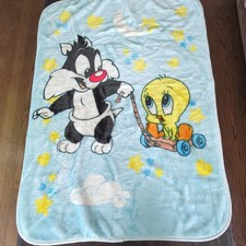 Vintage 1999 Baby Looney Tunes Sylvester Tweety Bird Baby Blanket Blue GREAT