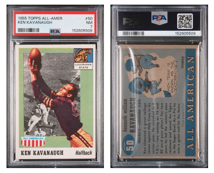 Ken Kavanaugh #50 Football Cards 1955 Topps All American trading card — raw and PSA graded price guide
