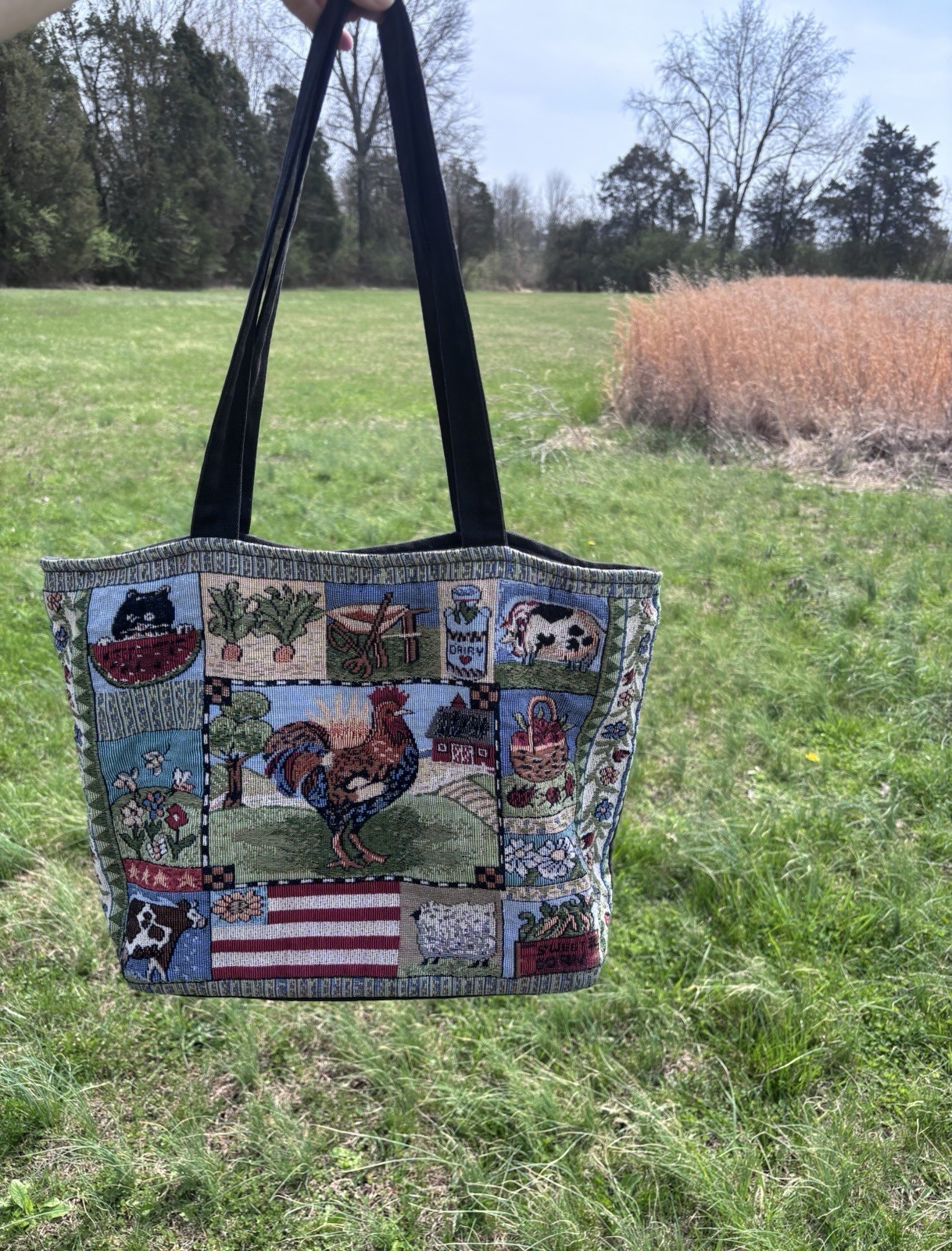 Tapestry Tote Bag Country Rooster Cow USA Flowers Farm Patchwork Repurpose