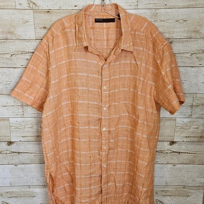 Perry Ellis Linen Cotton Shirt Mens 2XLT Tall Plaid Outdoor Summer Hiking Casual