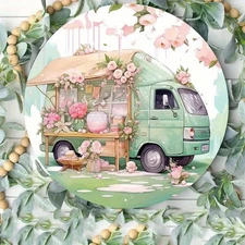 1pc Vintage Floral Green Truck Metal Wall Art - 7.87x7.87 Inch Round Aluminum Si