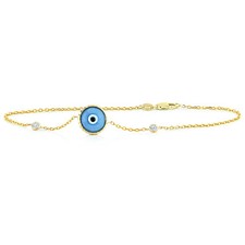 14K Yellow Gold Diamond Evil Eye Bracelet - Florescent Blue 7 Inches