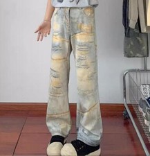 Men's Retro Blue Ripped Printed Straight Leg Casual Pants Denim Jeans Trousers