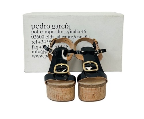NWB PEDRO GARCIA Dorella Cork Black Patent Leather Gold Buckle Wedge Sandals 7 - Picture 10 of 11