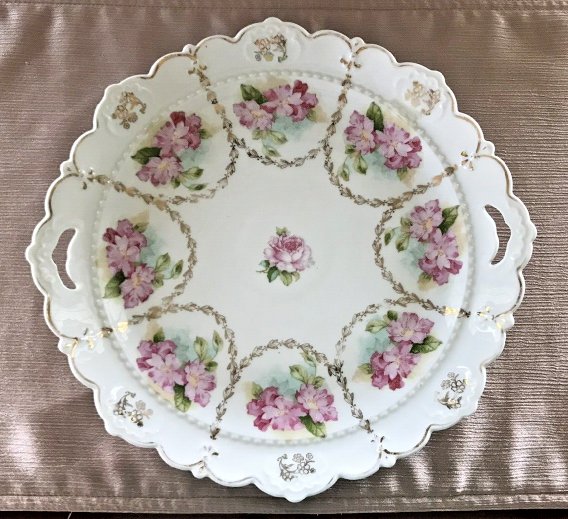 M.Z. Austria Antique Porcelain Integral Handle Plate w/ Roses Gold
