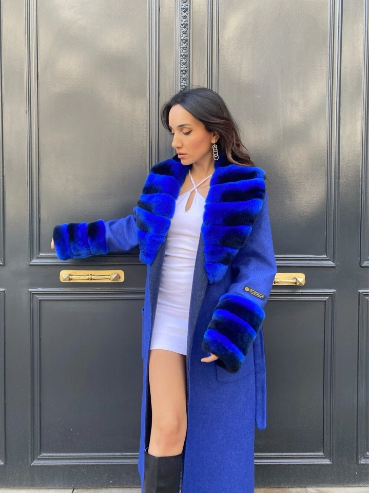 Casaco de inverno feminino 100% alpaca Rex pele de coelho longo macio elegante azul - Imagem 4 de 4