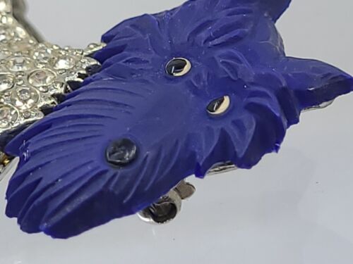 1930s Coro Pave Rhinestone Blue Head Bakelite Scotty Dog Pot-Metal Brooch - Picture 13 of 16